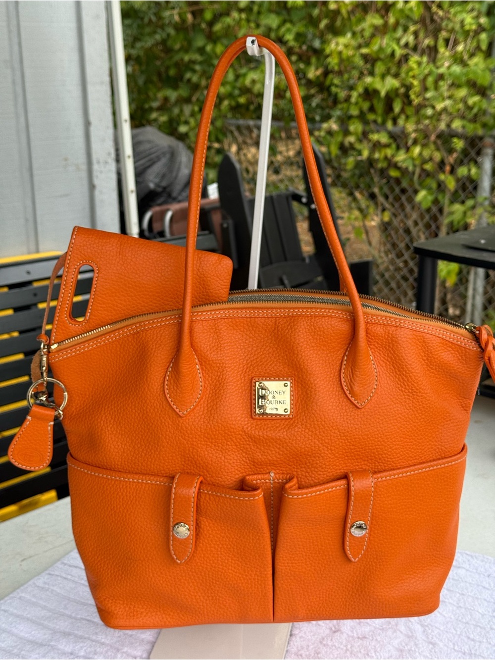 Dooney & Bourke Bright Orange Pebbled Leather Tote with Pouch
